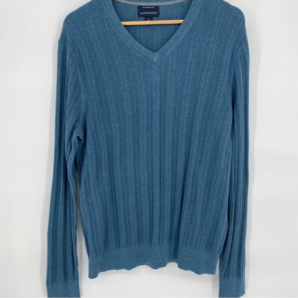 Lands’ End Men’s Sweater‎ V-neck Supima Cotton Herringbone Knit Aqua Large